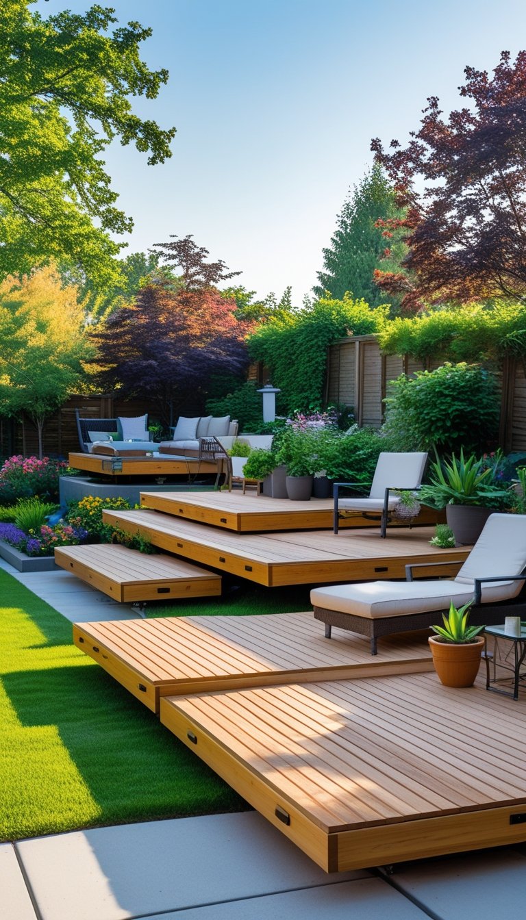 A backyard with several wooden floating decks surrounded by grass, plants, and trees under a clear sky.