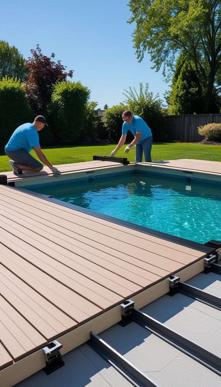 Above ground pool with modular decking panels being installed by a person in a sunny backyard.