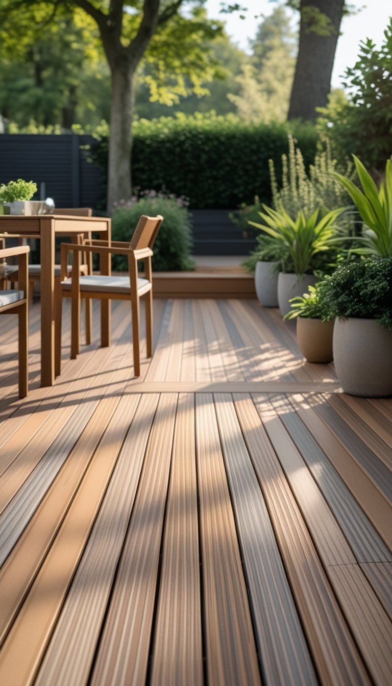 Outdoor composite deck with natural wood-colored surface, modern furniture, plants, and a garden background.