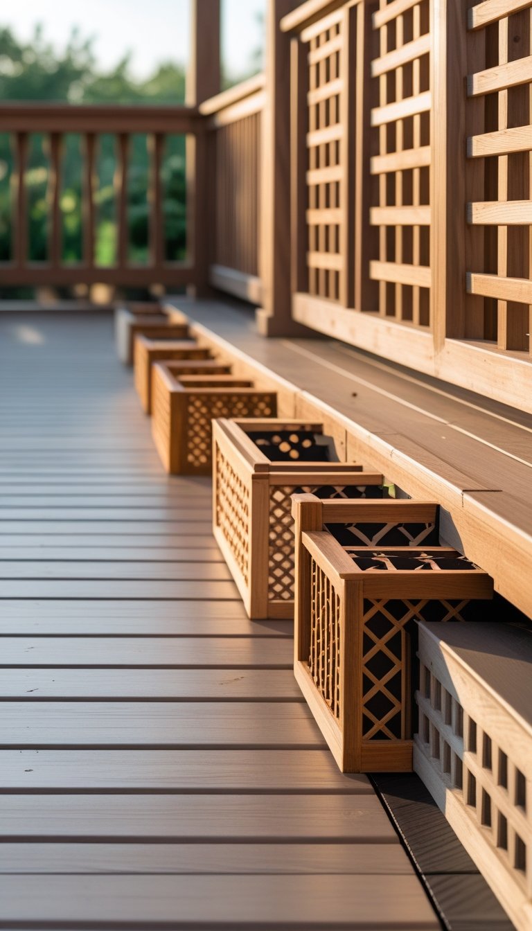 Outdoor wooden deck with various wooden lattice panels installed as skirting boards around its base.