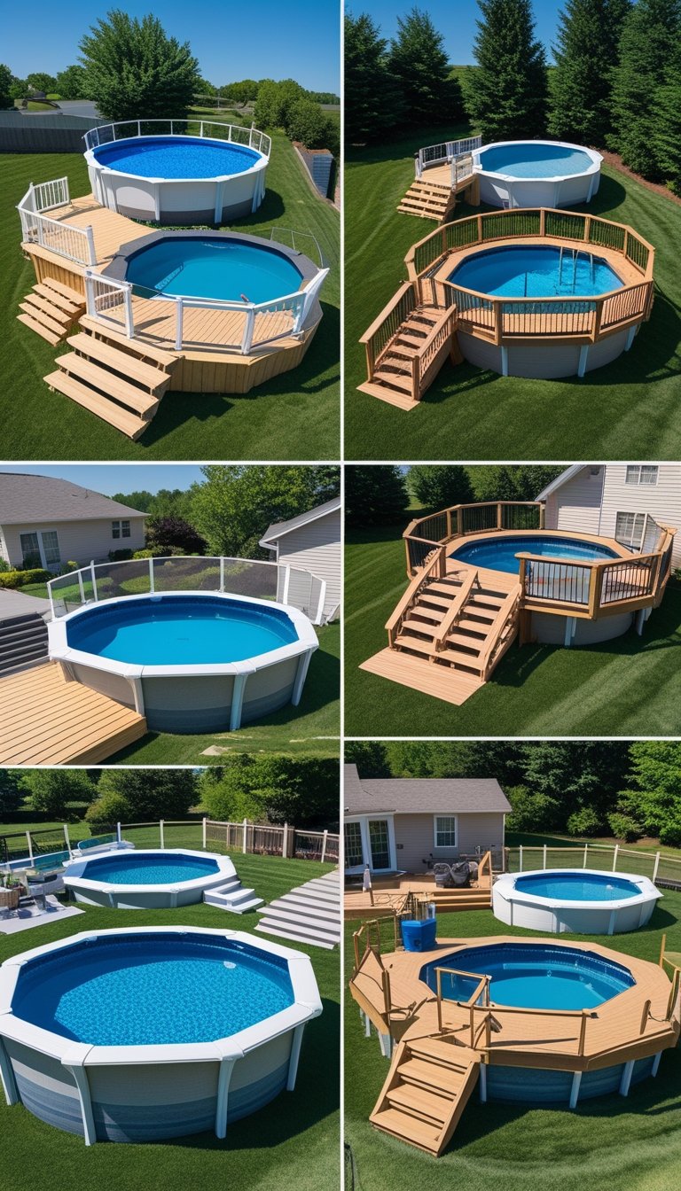Multiple above ground pools with surrounding decks, handrails, and ladders in an outdoor sunny setting.