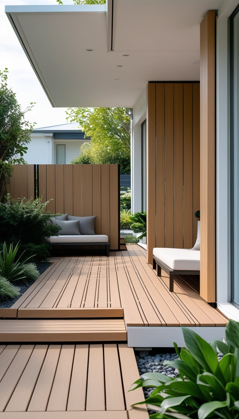 Outdoor patio with composite panel privacy screens and composite deck surrounded by plants and outdoor furniture.