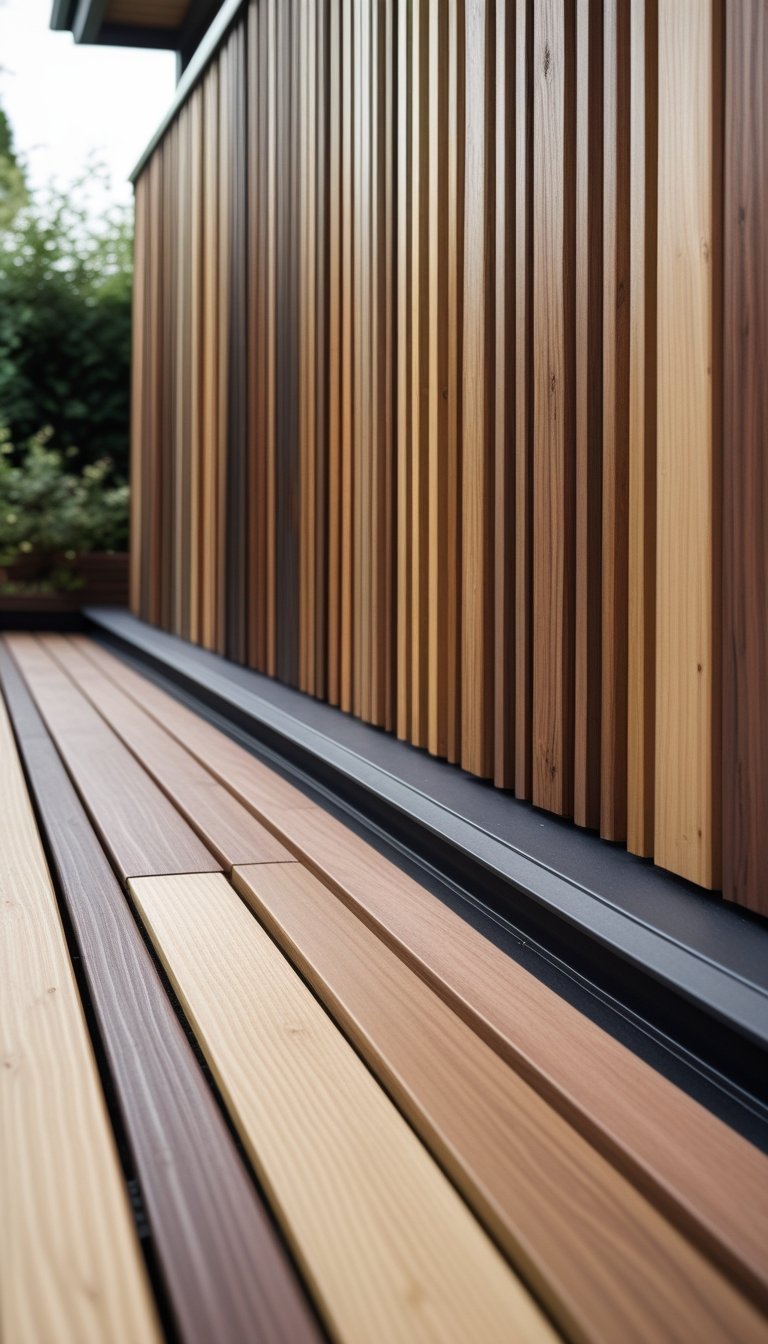 An outdoor deck with vertical wooden slats and a variety of wooden skirting boards along the base.