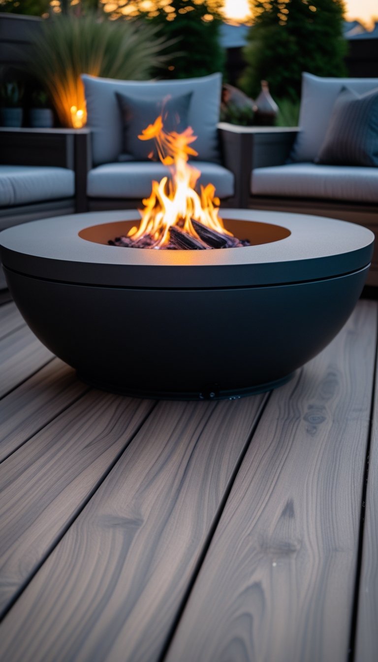 An outdoor fire pit surrounded by composite decking with seating and plants.