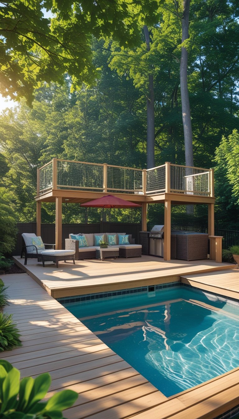 An elevated wooden pool deck with lounge chairs and an umbrella next to an above ground pool surrounded by trees and greenery.