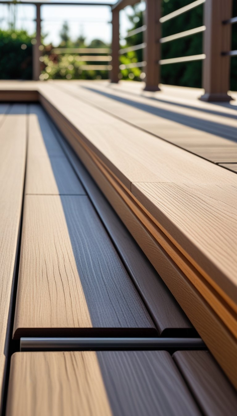 Close-up view of various horizontal wooden skirting boards installed along the edge of an outdoor deck with greenery in the background.
