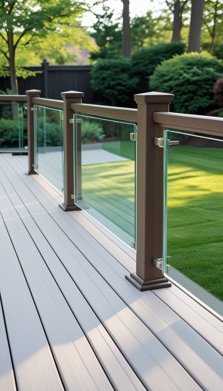Outdoor composite deck with glass panel railing overlooking a green garden.