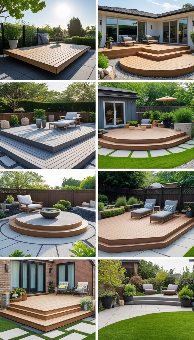 A collection of 15 different low-level outdoor decks surrounded by plants and furniture, viewed from ground level.