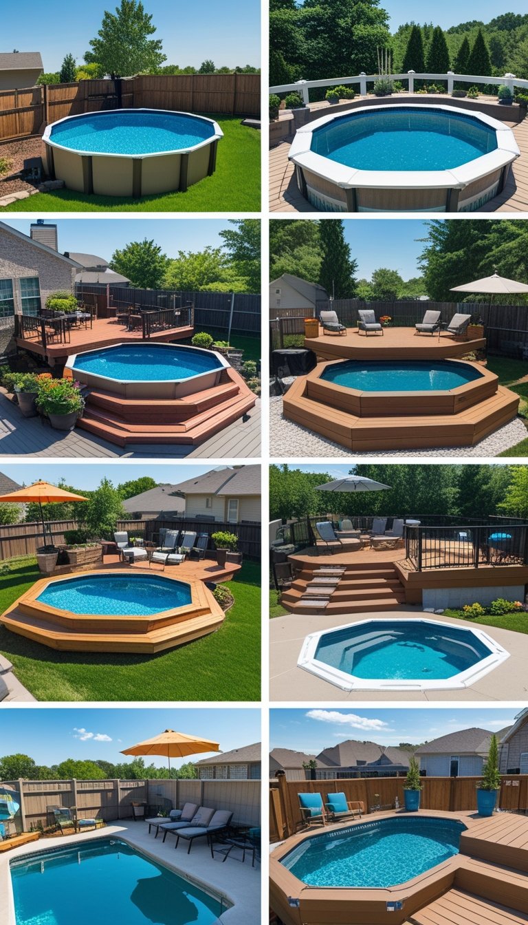 Several above ground pools each surrounded by different styles of wooden and composite decks with outdoor furniture in sunny backyard settings.