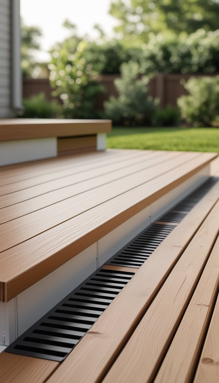 Close-up of a deck with vinyl skirting featuring decorative vents along the base, surrounded by outdoor greenery.