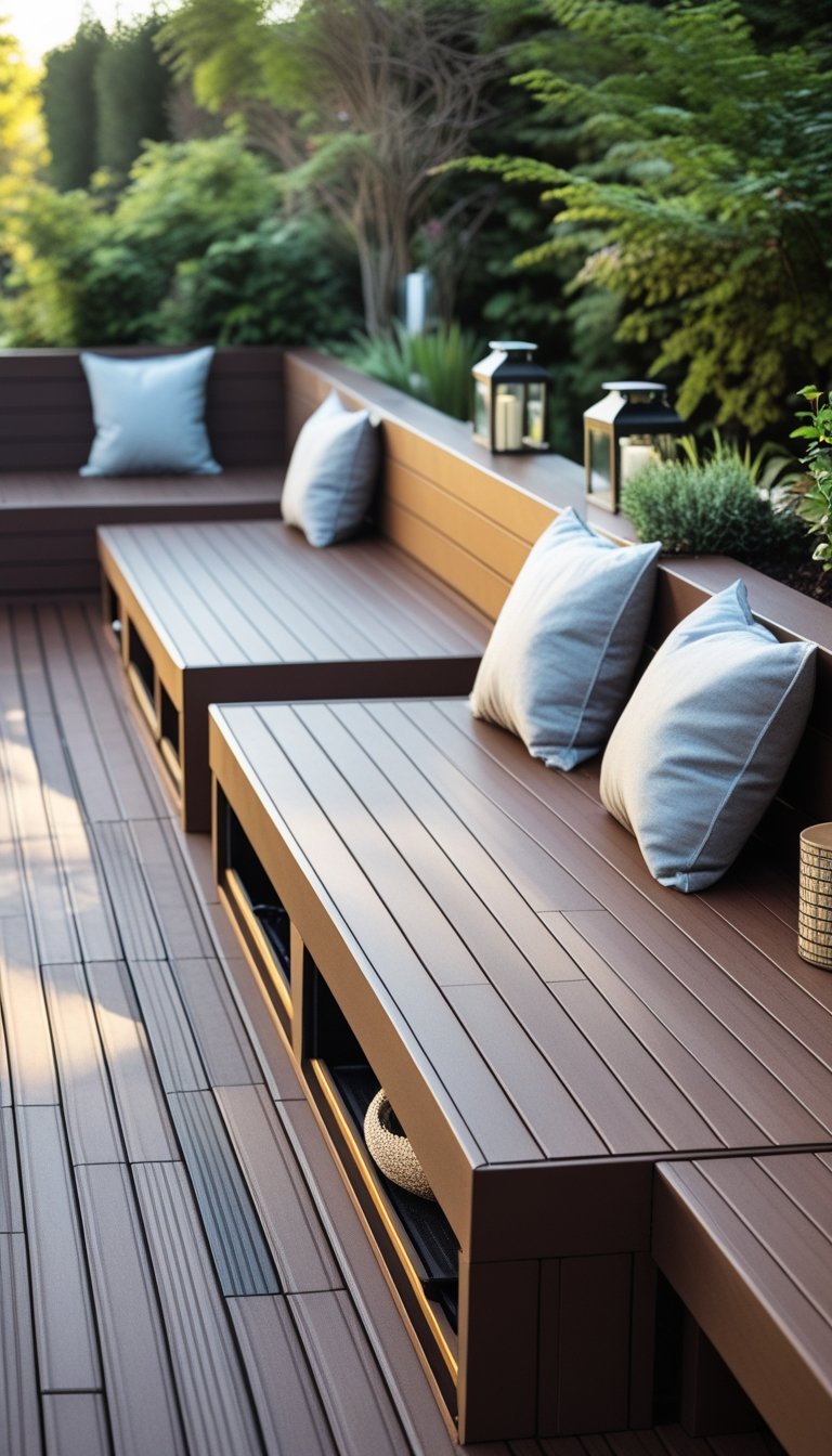 An outdoor deck with built-in storage benches surrounded by plants and outdoor furniture.