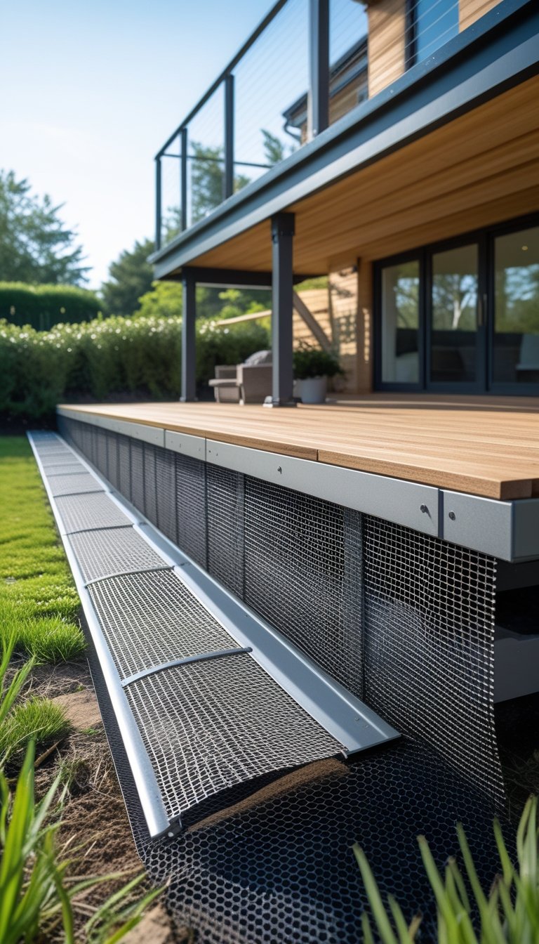 Outdoor wooden deck with metal mesh panels installed as skirting boards beneath it, surrounded by green plants.