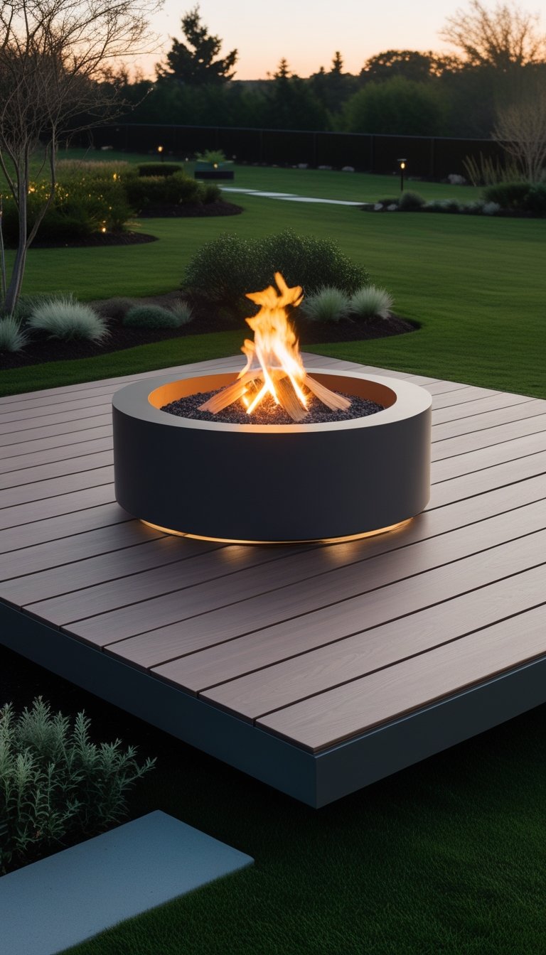 A ground-level floating wooden deck with a circular fire pit surrounded by grass and plants.