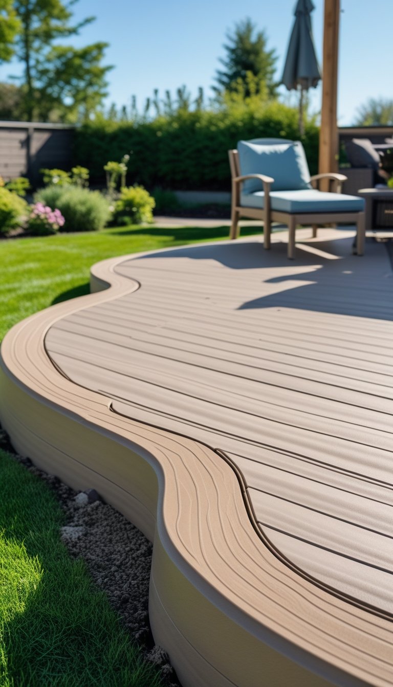 Outdoor deck with curved composite edges surrounded by grass and plants, featuring outdoor furniture under a clear sky.