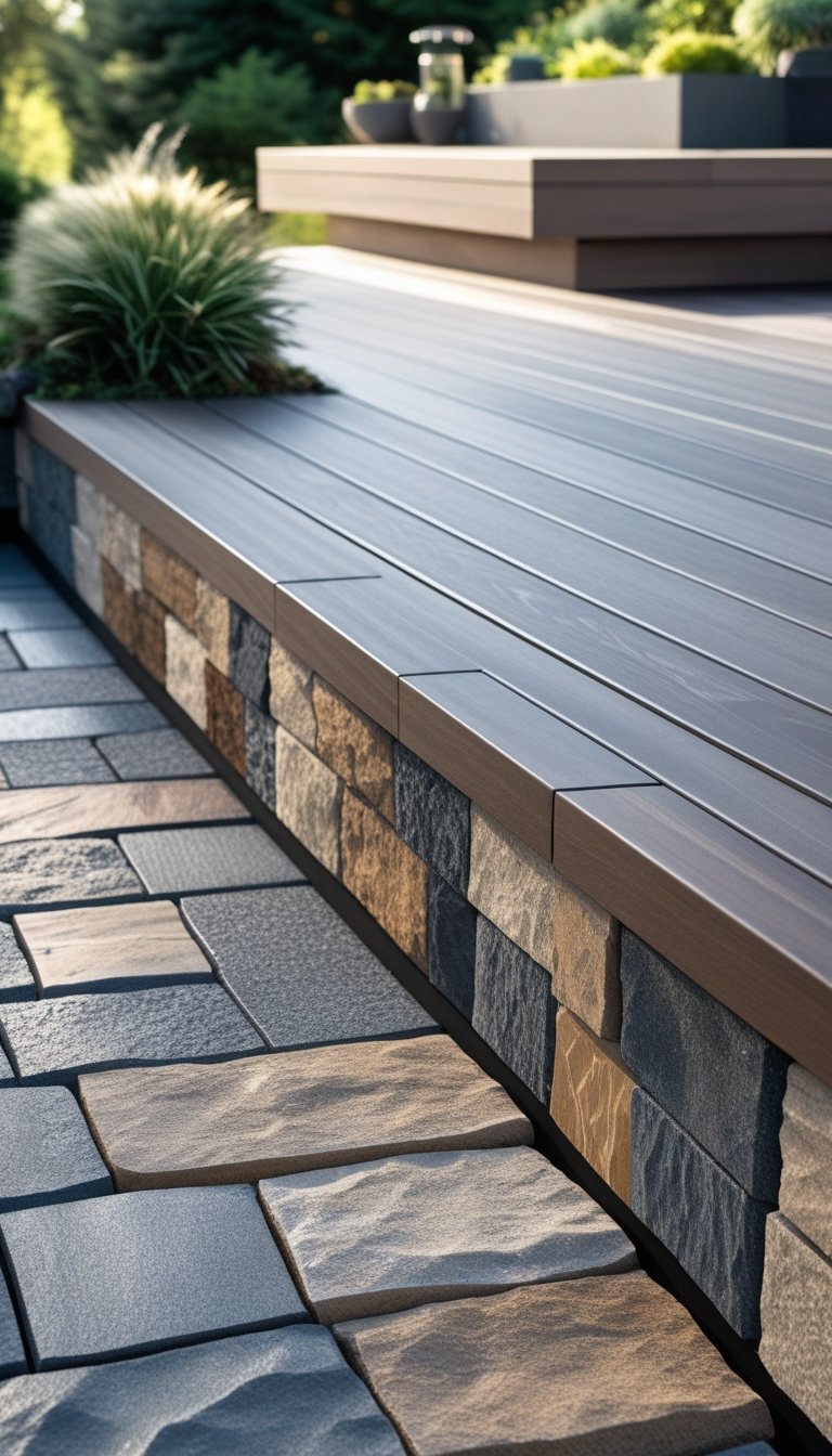 Outdoor deck with stone veneer skirting boards surrounded by green plants.