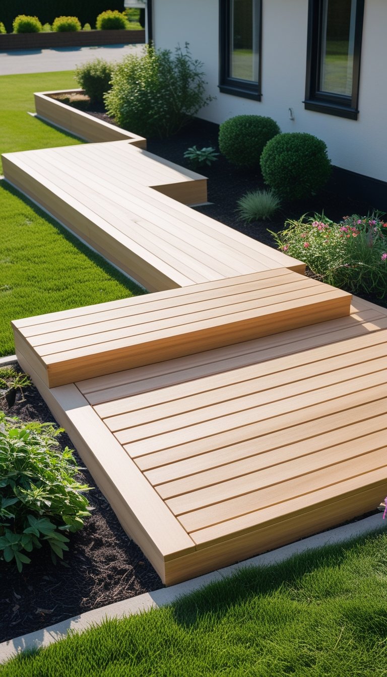 An L-shaped wooden ground-level deck wrapping around the corner of a house with grass and plants nearby.