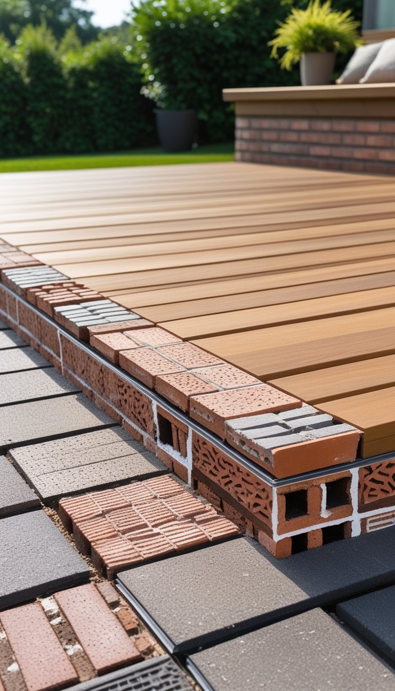 Outdoor wooden deck with brick skirting boards and greenery around it.
