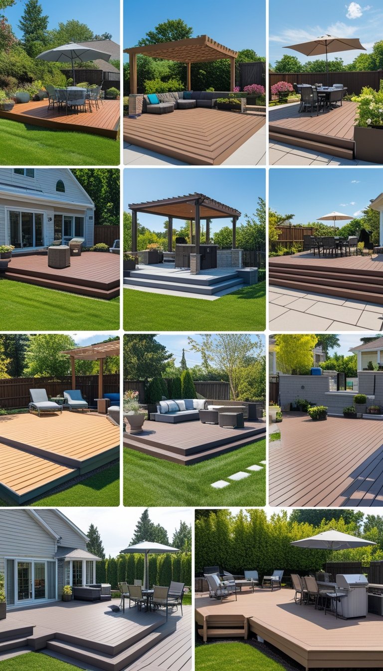 A backyard with multiple composite decks featuring outdoor furniture and landscaping.