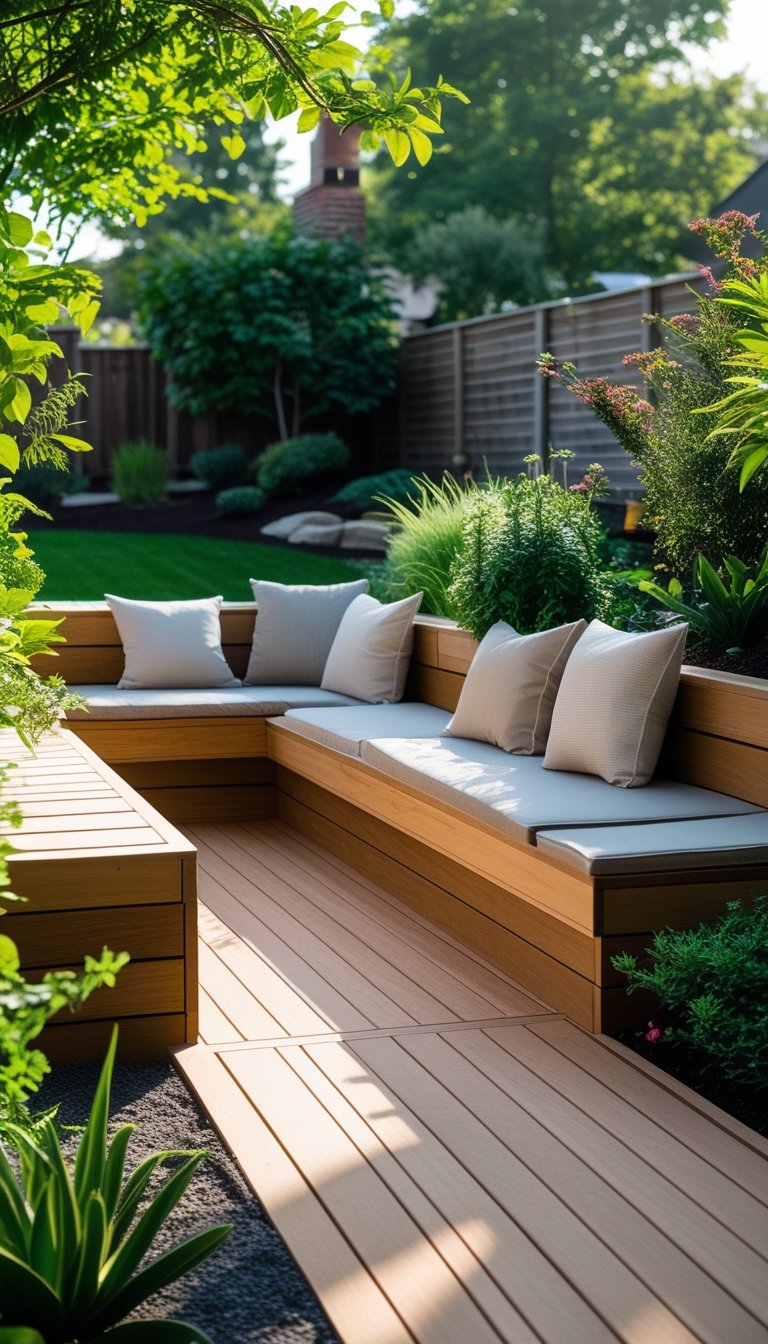 A low wooden deck at ground level with built-in benches surrounded by green plants and a lawn.