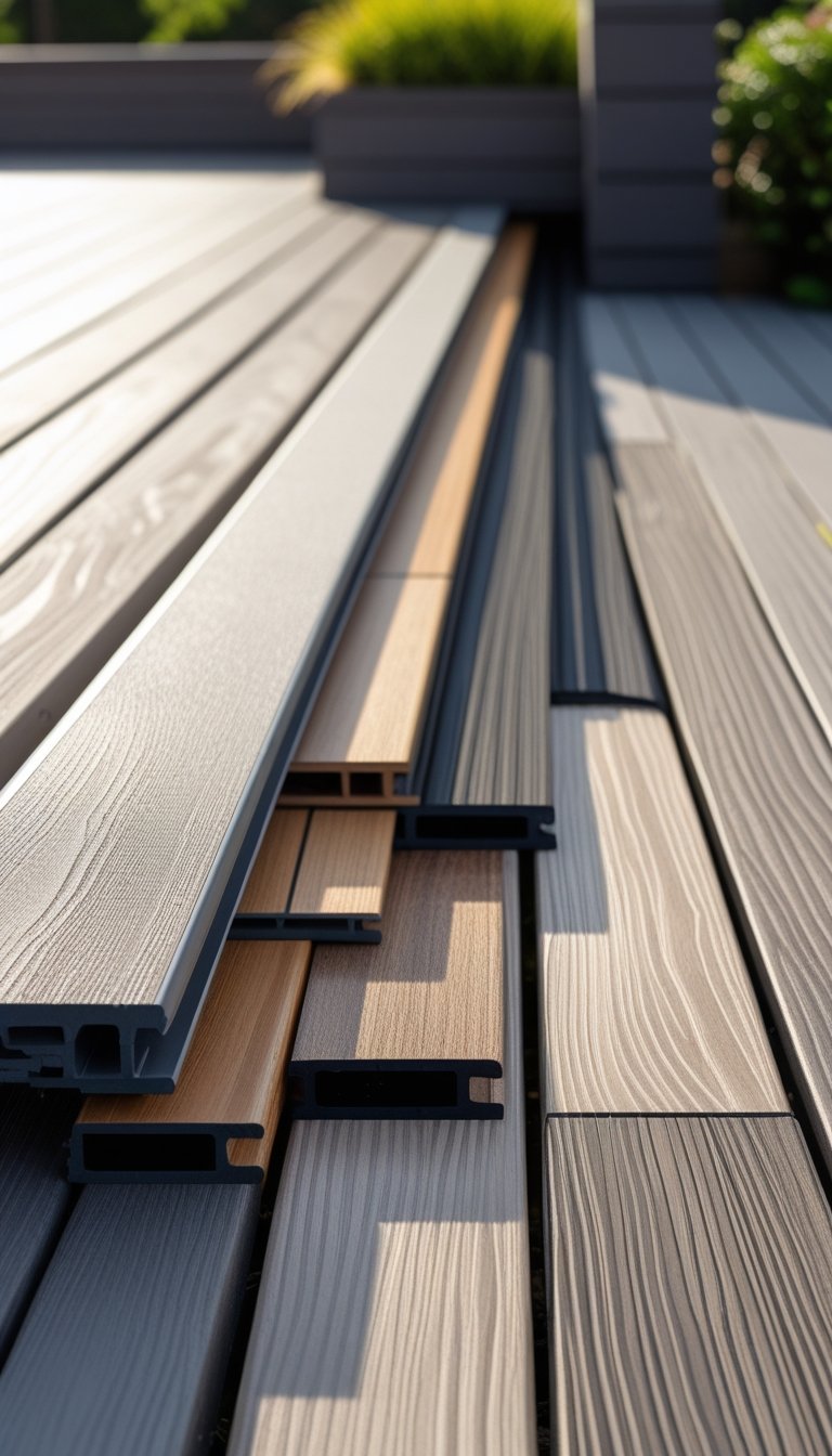 Outdoor wooden deck with twelve different composite wood panel skirting boards displayed along the base.