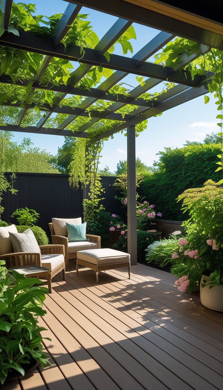 A ground-level wooden deck with a pergola providing shade, surrounded by green plants and outdoor furniture.