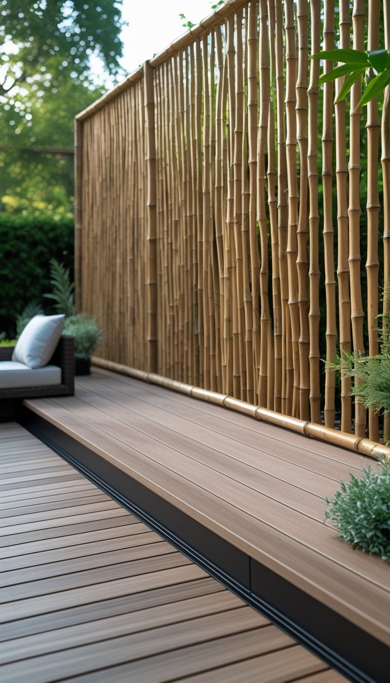 Outdoor deck with bamboo fencing panels and twelve different skirting board designs around the base of the deck.