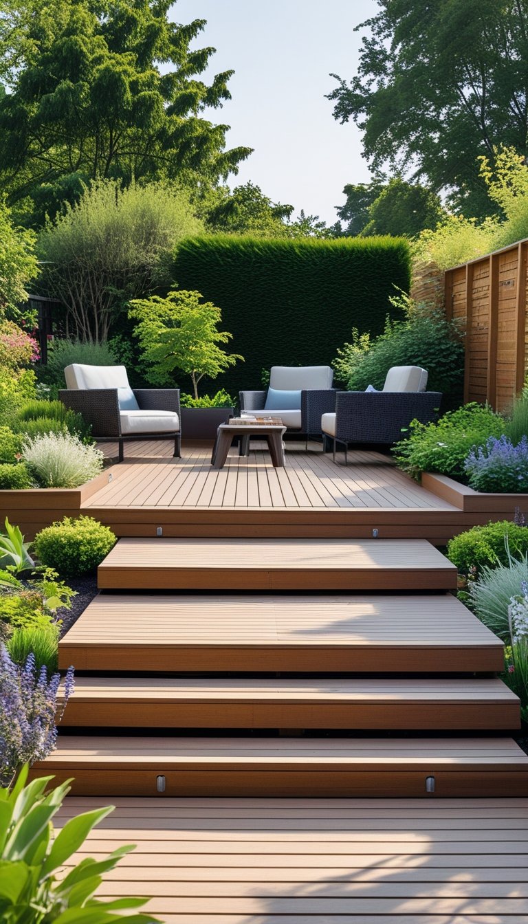 A multi-level wooden ground deck in a garden with outdoor furniture, plants, and trees.