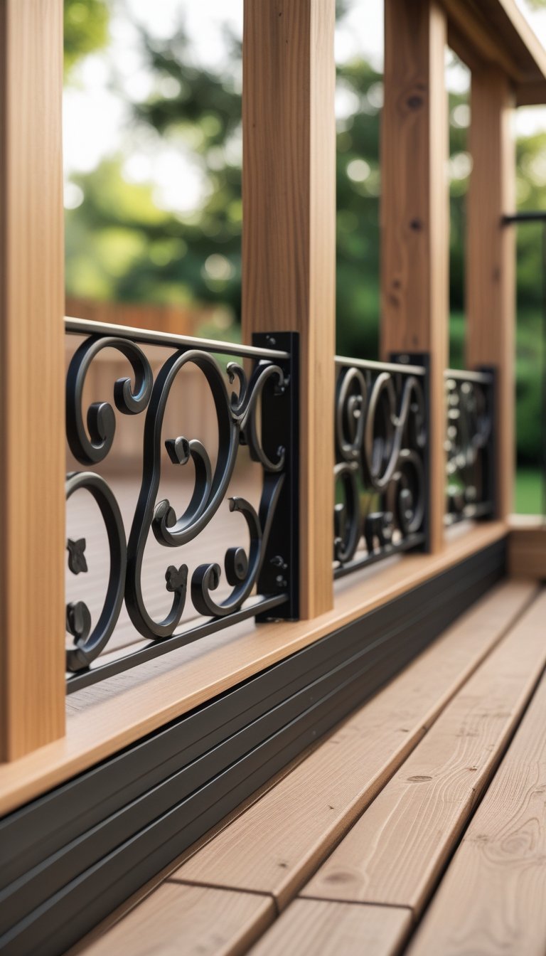 Close-up of a wooden deck with decorative metal scrollwork integrated into the skirting boards, surrounded by greenery.