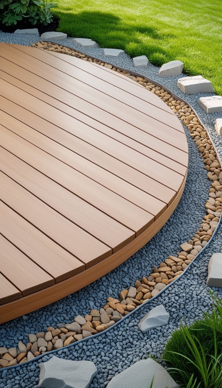 Ground-level wooden deck bordered by gravel edges with grass and plants around it.