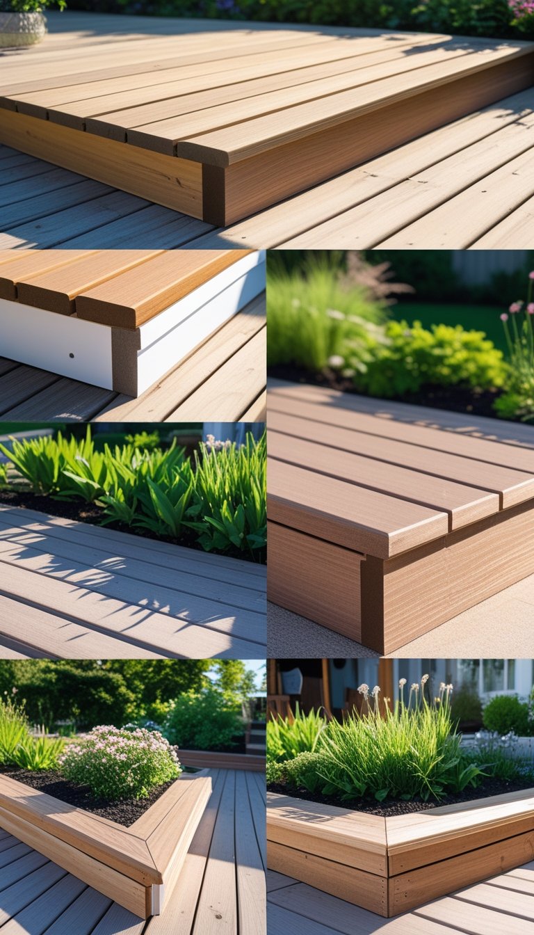 Outdoor wooden deck with various shiplap skirting boards installed around its base, surrounded by green plants.