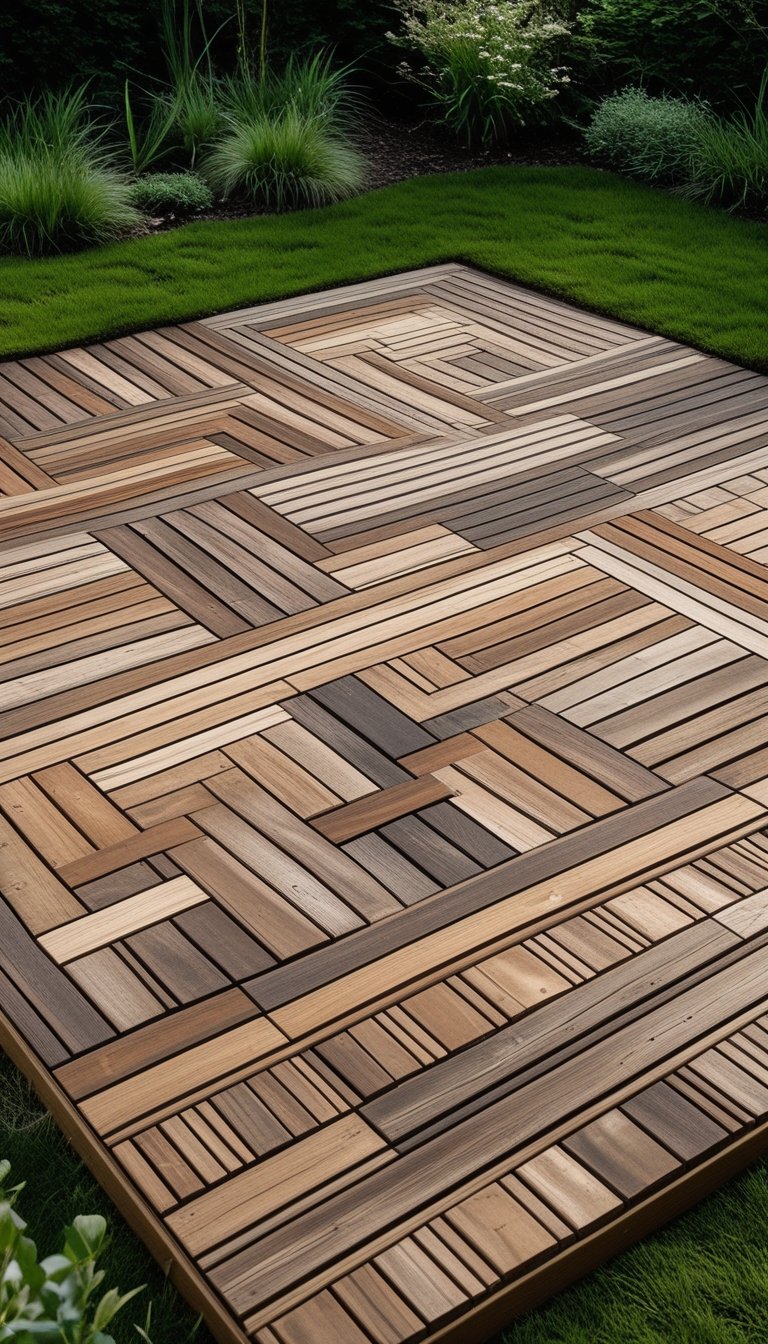 Square wooden deck at ground level with a woven plank pattern surrounded by grass and plants.