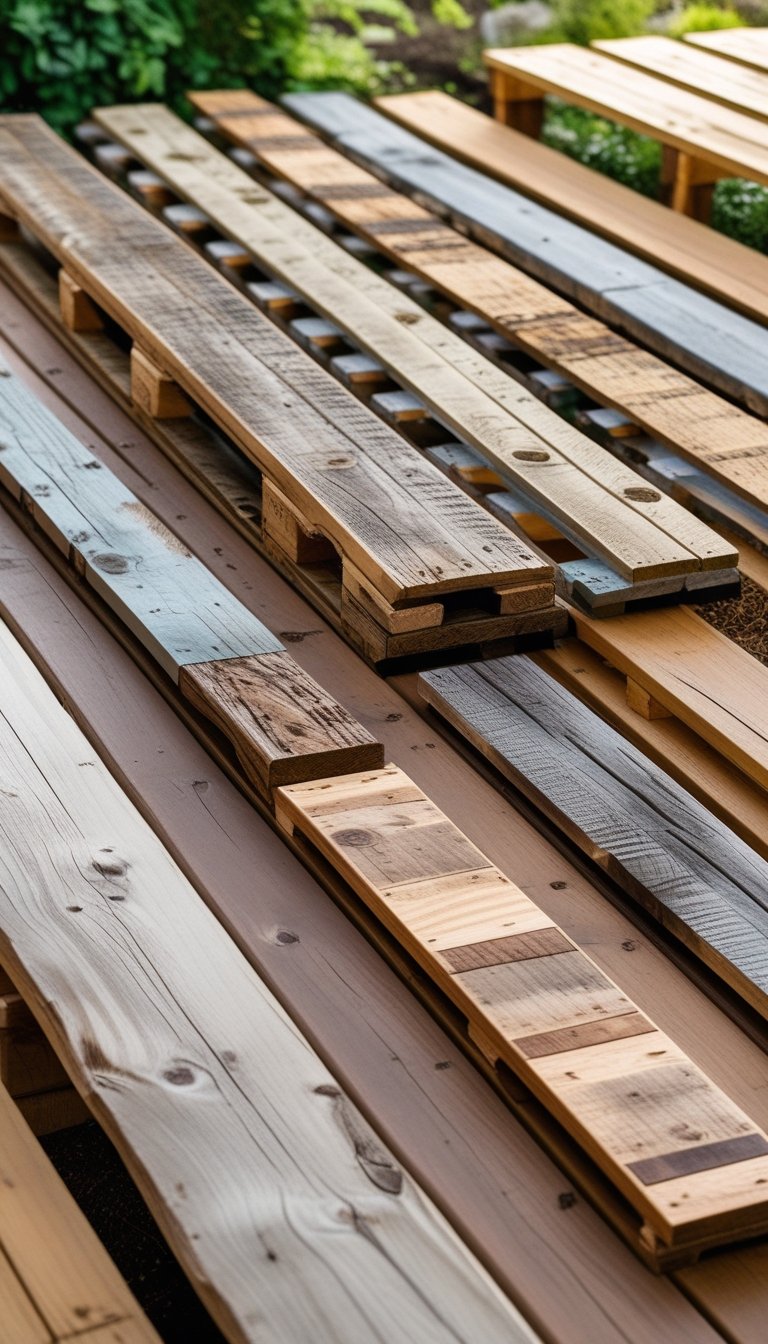 Various reclaimed pallet wood skirting boards displayed next to a wooden deck outdoors with natural light and greenery.