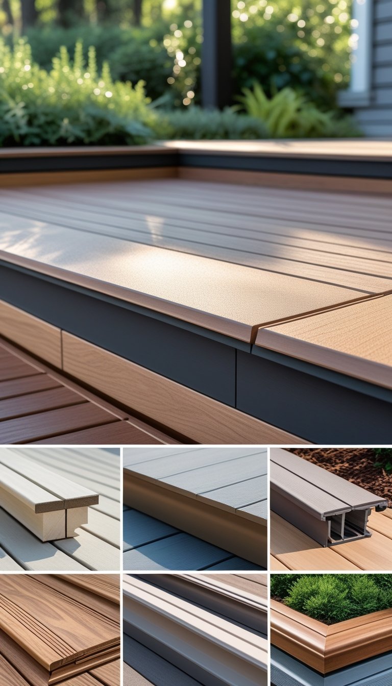 Close-up of a wooden outdoor deck showing different styles of skirting boards surrounded by greenery.