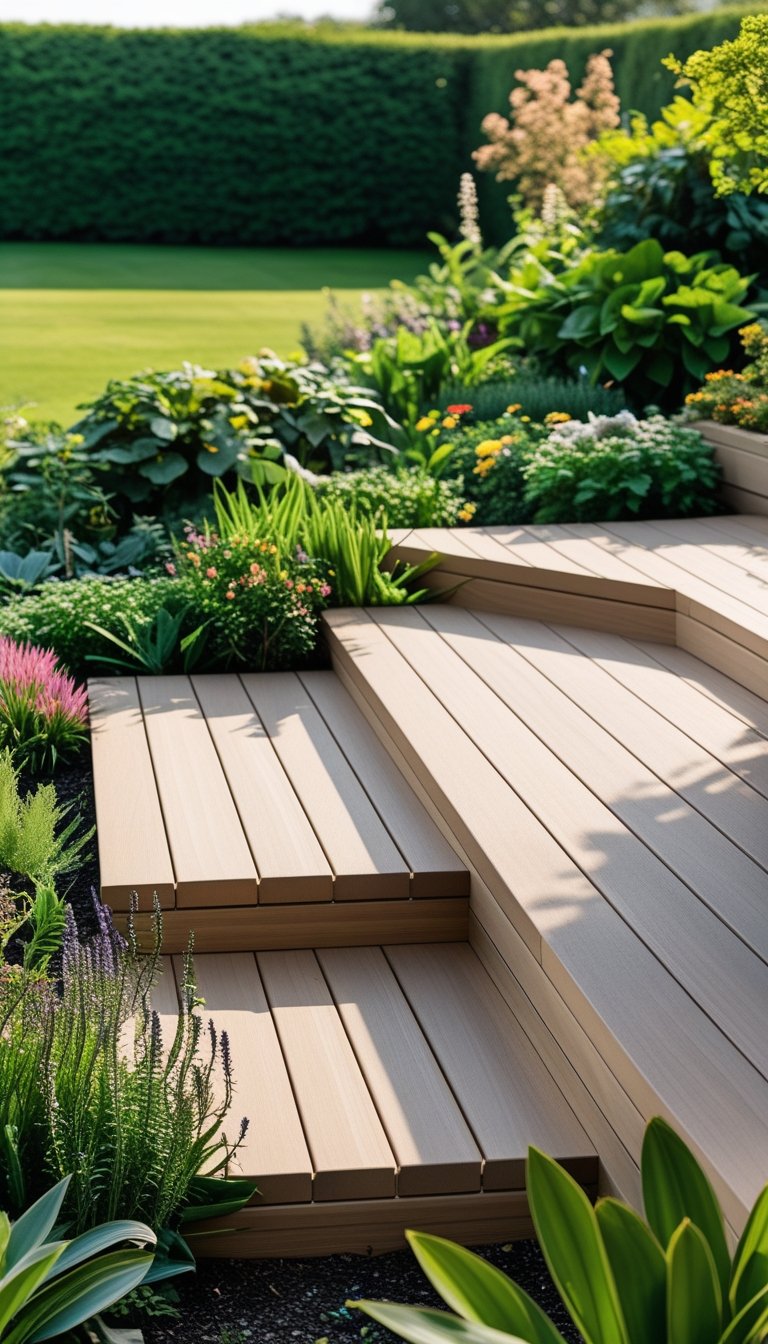 A low wooden deck with wide steps leading into a garden filled with green plants and flowers.