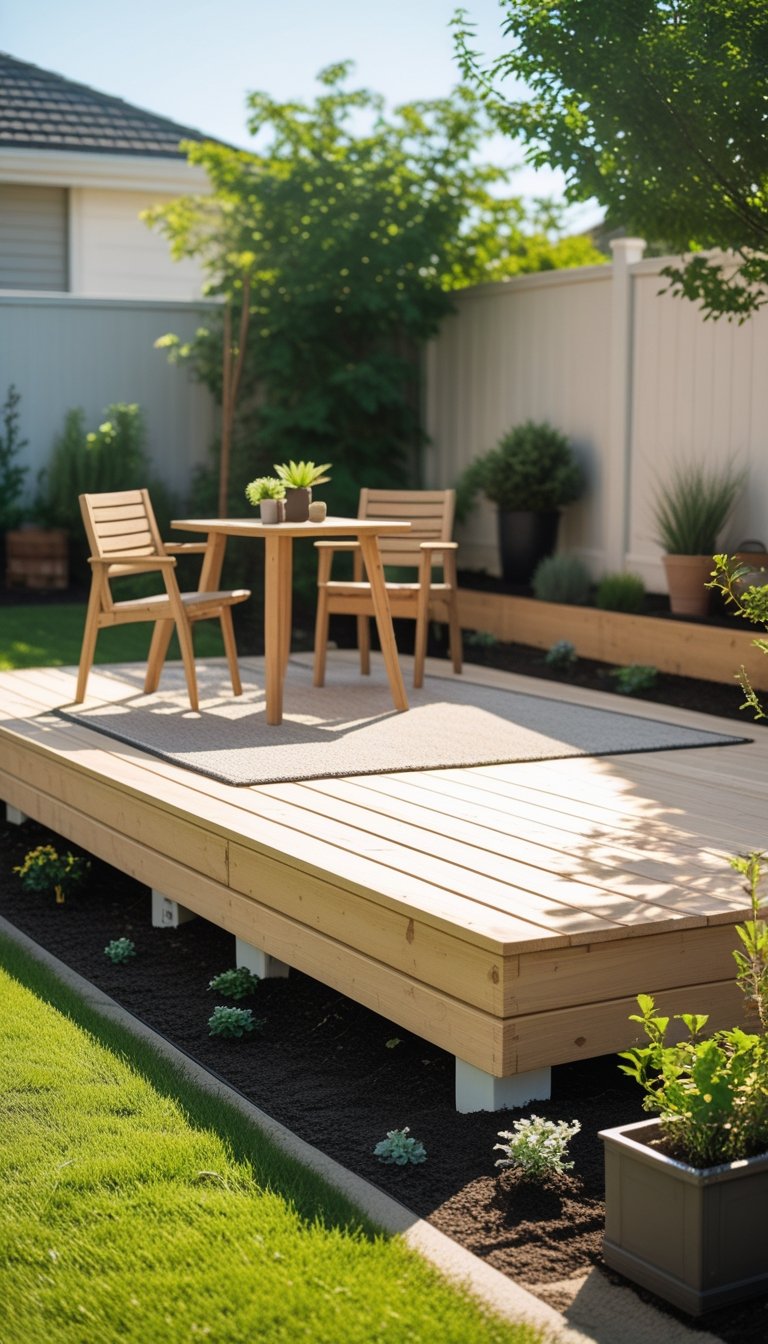 A simple wooden ground-level deck in a backyard with outdoor furniture and green grass surrounding it.