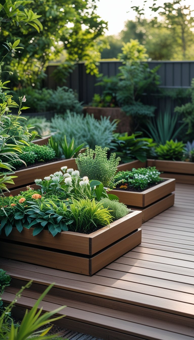 A low wooden deck at ground level with planter boxes filled with green plants, surrounded by a garden.