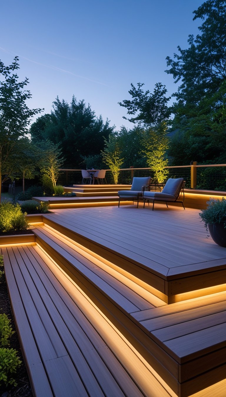 A ground-level wooden deck with outdoor lighting surrounded by plants during evening time.