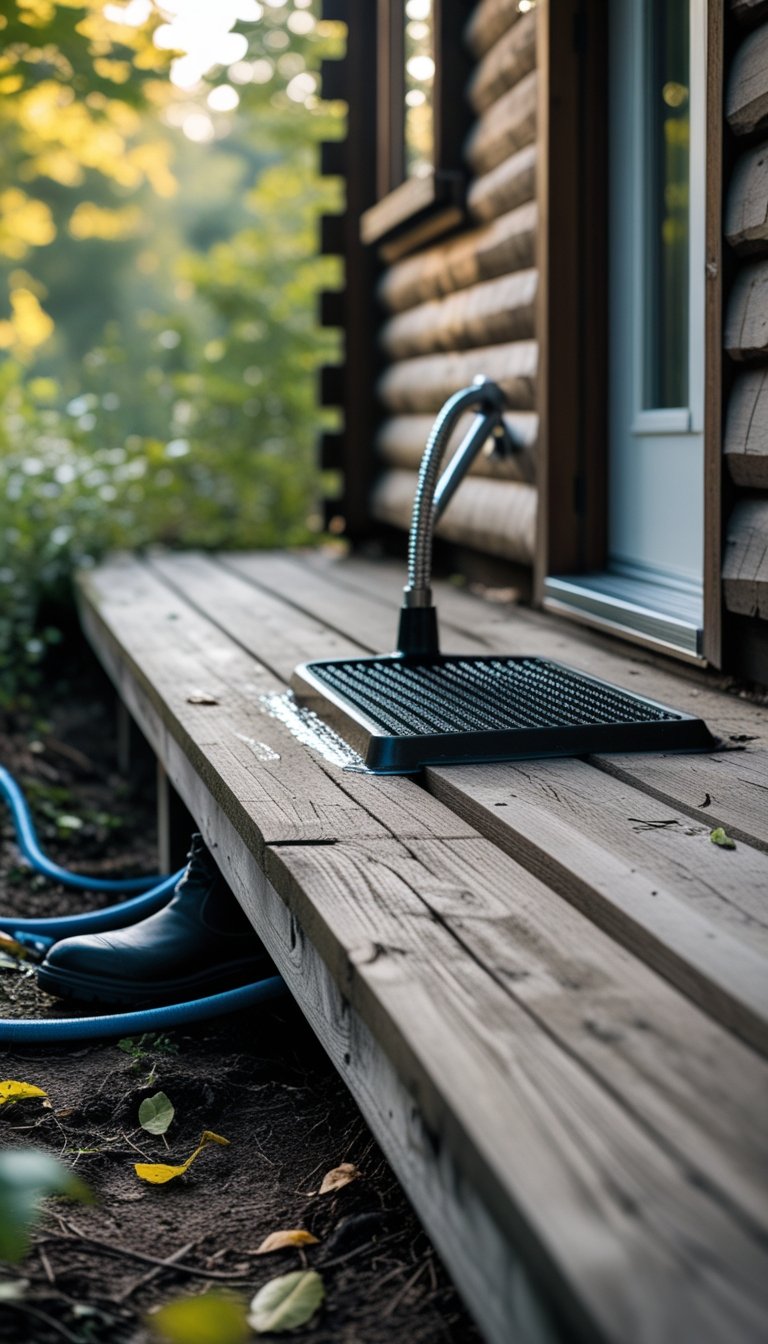 A low wooden deck outside a cabin with a boot cleaning station including a metal scraper and hose, surrounded by greenery.