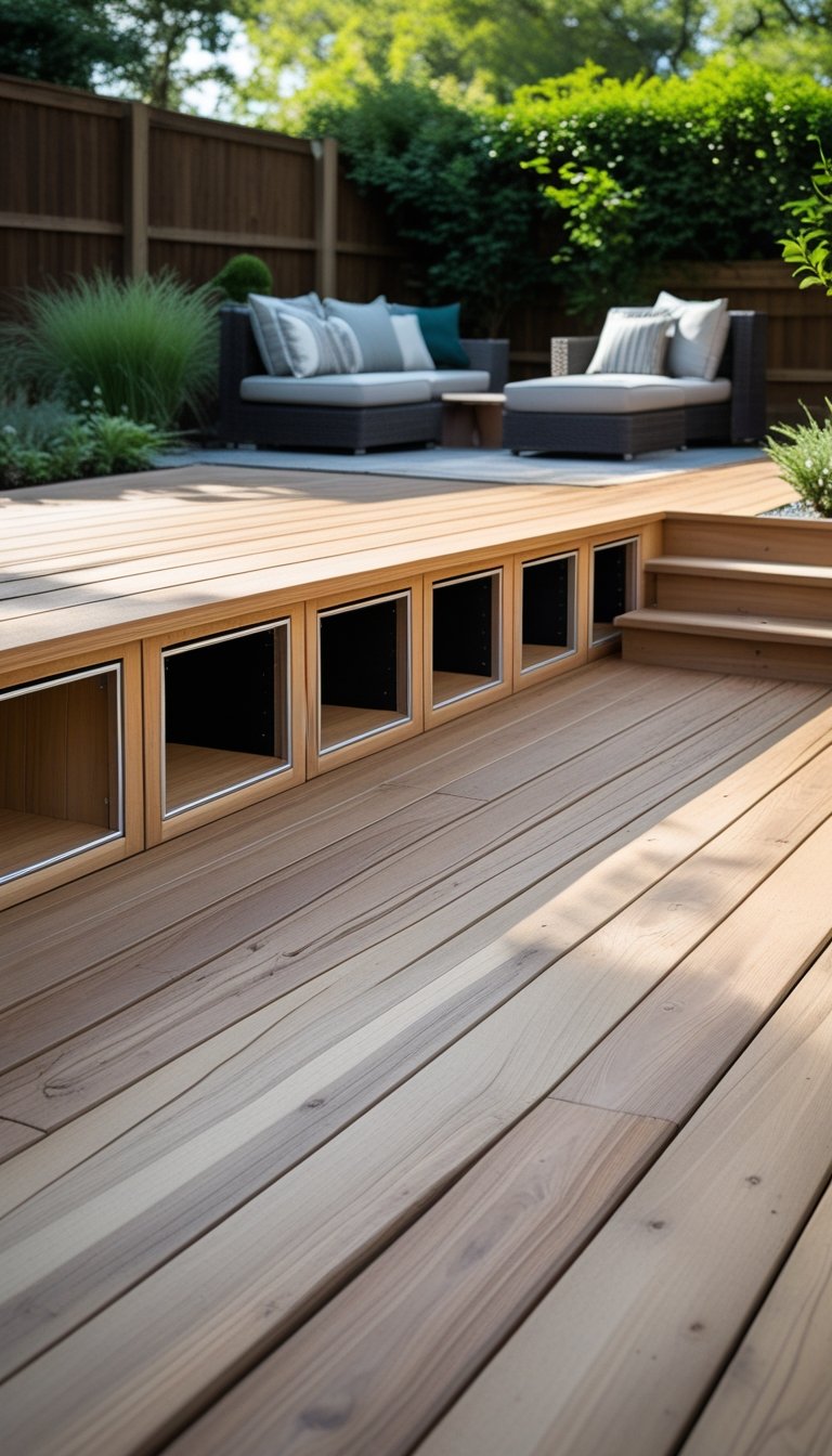Ground-level wooden deck with built-in storage compartments surrounded by green plants and outdoor seating.