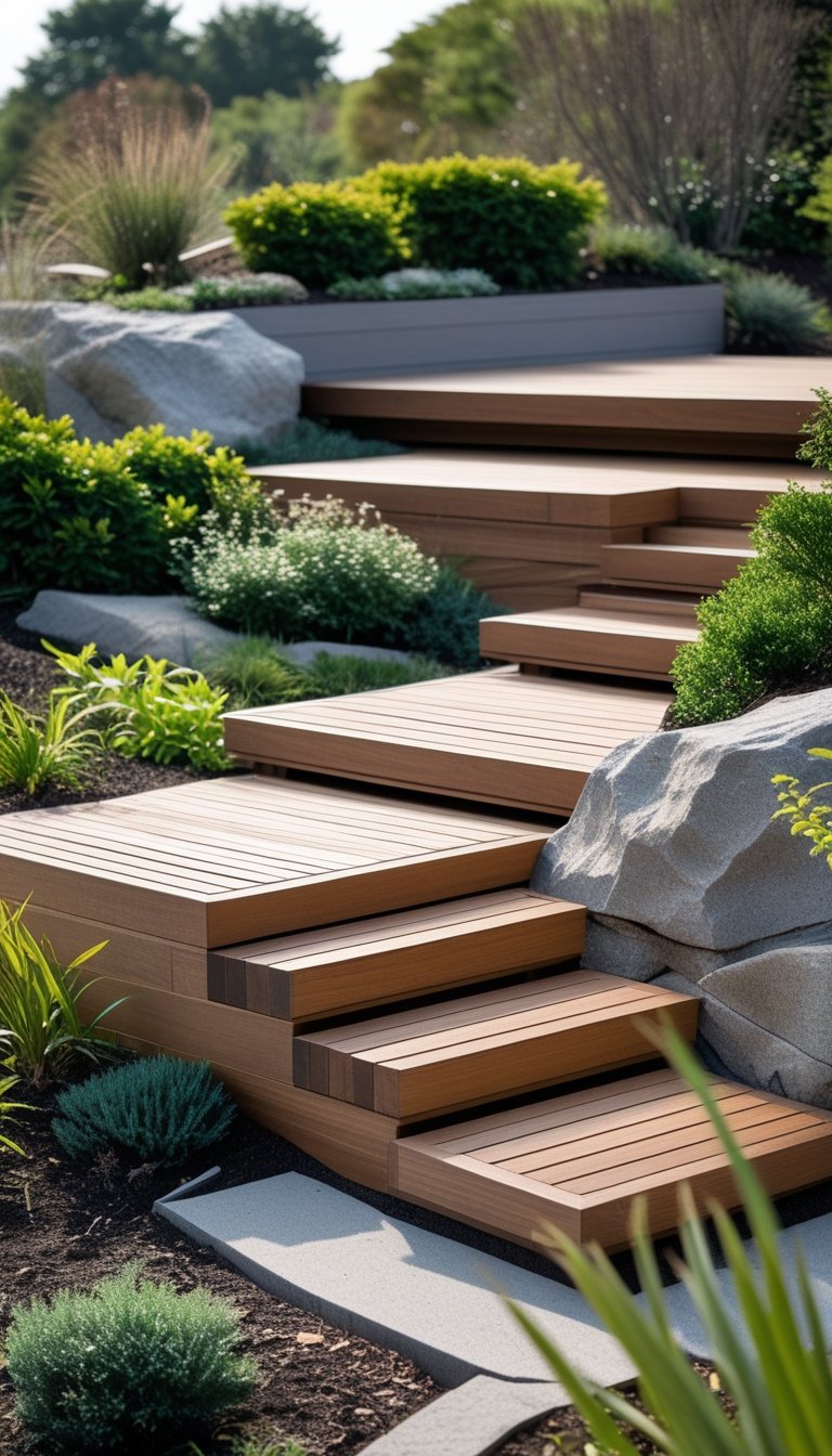 A low wooden deck built on uneven ground with plants and stones surrounding it.