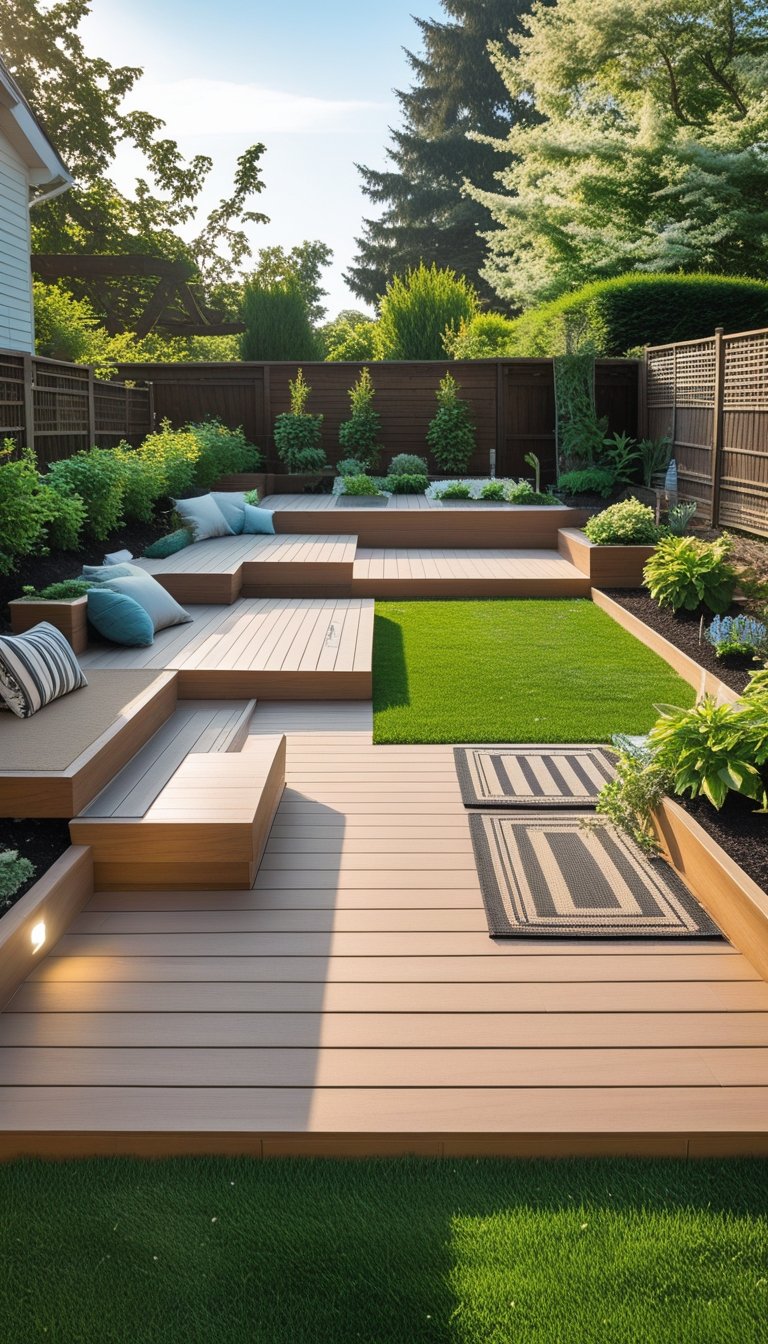A backyard with multiple low-level wooden decks surrounded by green grass and garden plants.