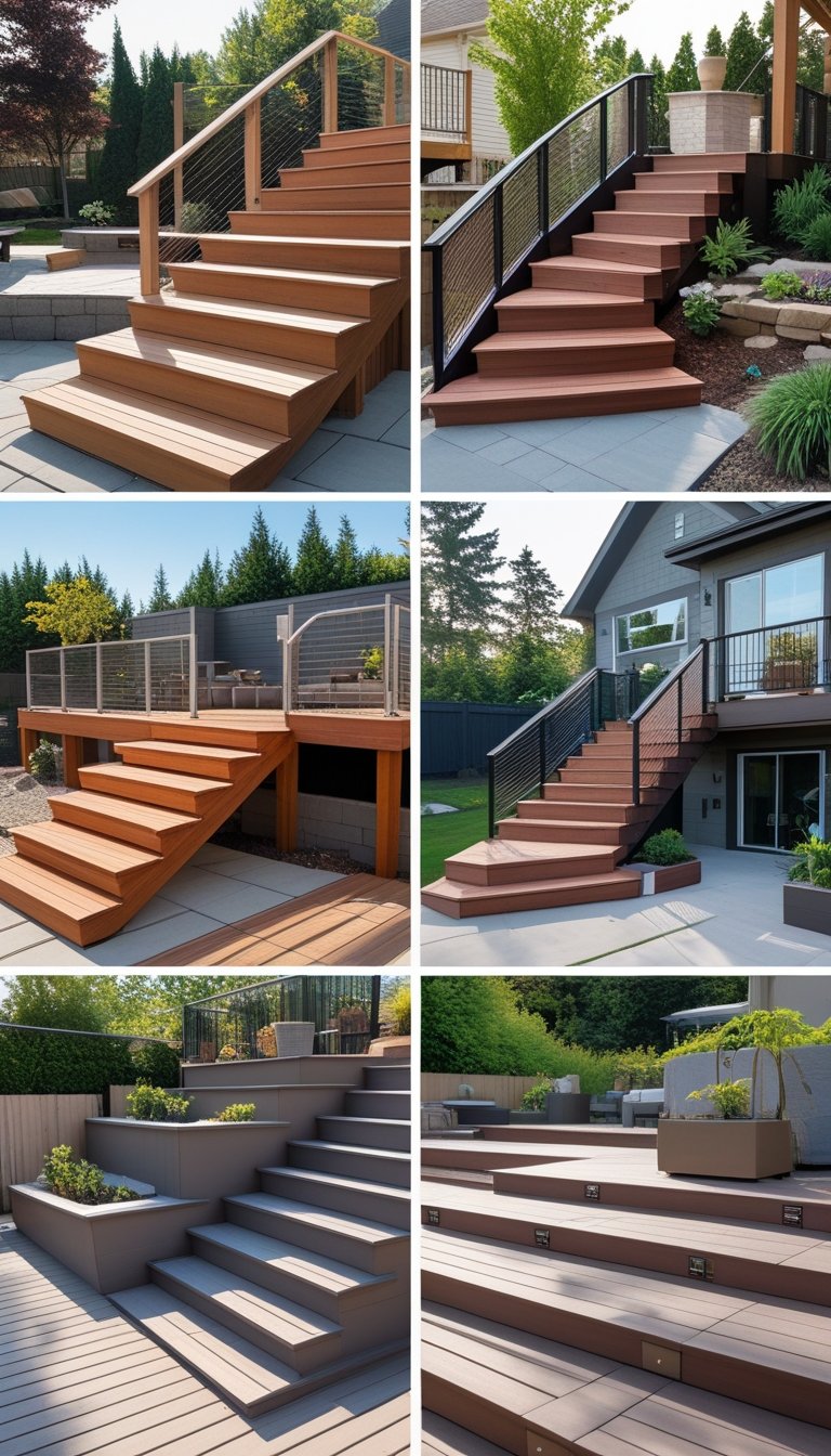 A collection of 14 different outdoor deck stair designs with landings, shown in natural backyard settings.