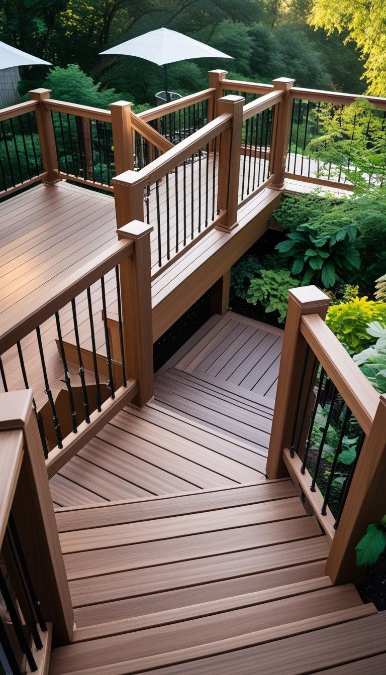 Wide outdoor wooden deck stairs with a mid-landing surrounded by greenery.