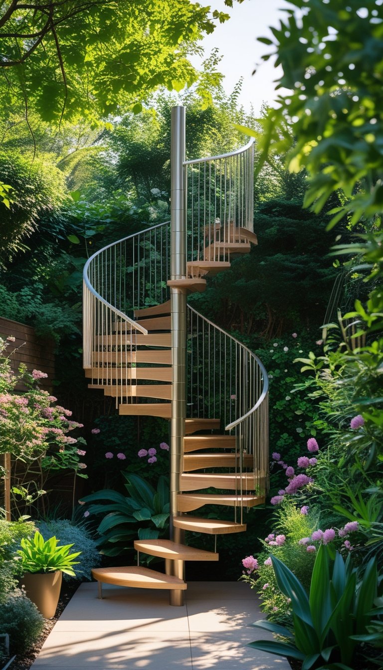 Spiral staircase descending into a garden with green plants and flowers.