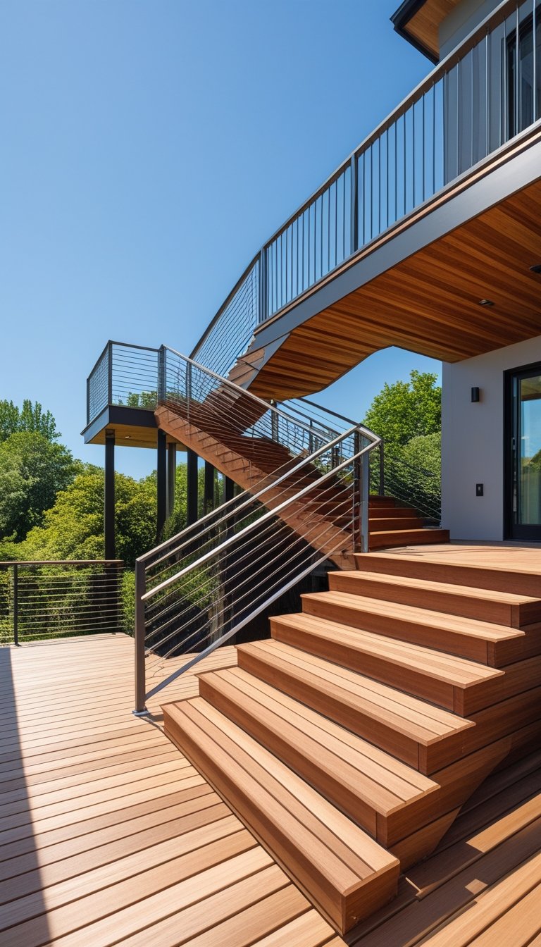 Outdoor multi-level wooden deck stairs with angled turns and landings surrounded by greenery.