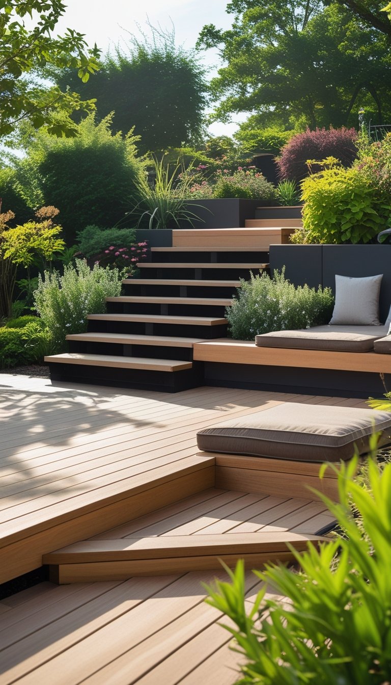 Outdoor wooden deck stairs leading to a landing with built-in bench seating surrounded by greenery.