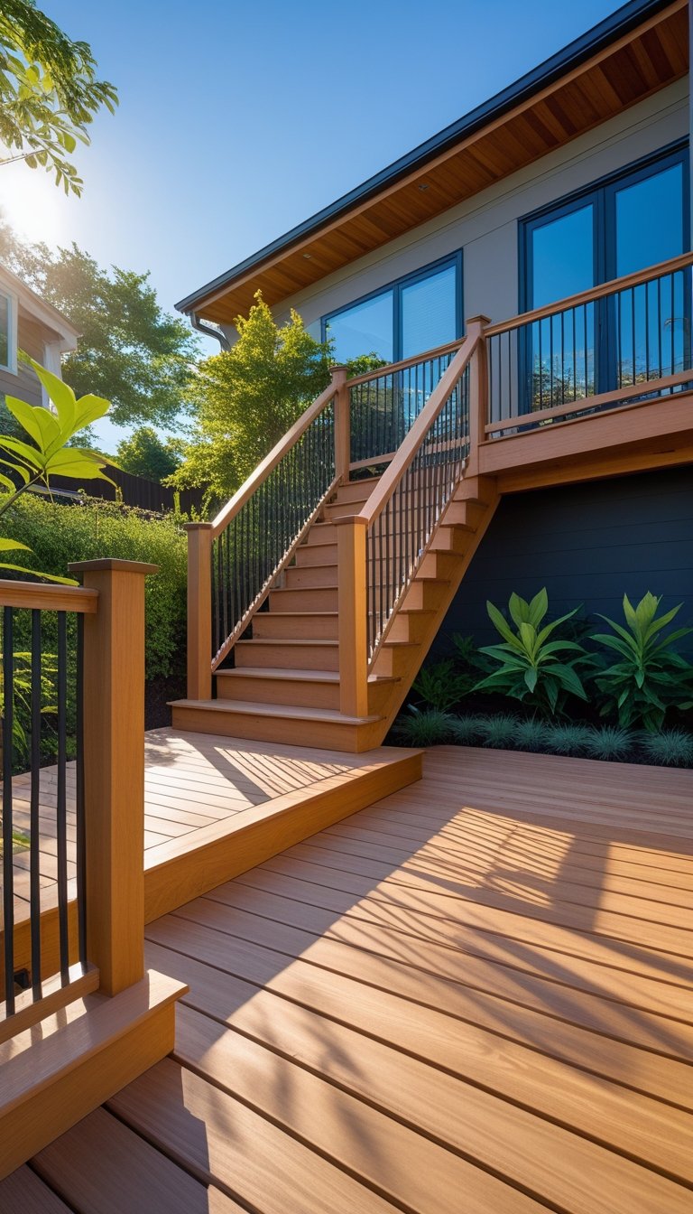 Outdoor wooden deck staircase with a landing at the turn, surrounded by plants and a house exterior in the background.