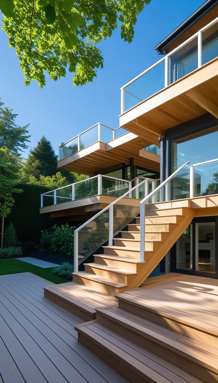 Wide wooden outdoor stairs with multiple landings connecting raised decks surrounded by greenery.