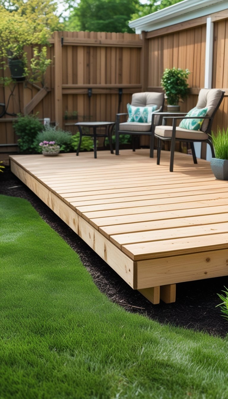 Small backyard with a floating wooden deck, outdoor seating, grass, and plants.