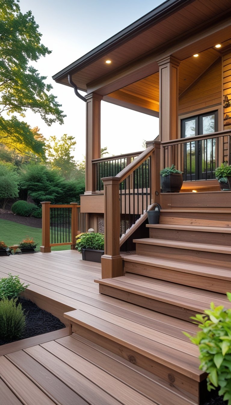 Outdoor wooden deck with a landing and stairs leading down, surrounded by greenery.